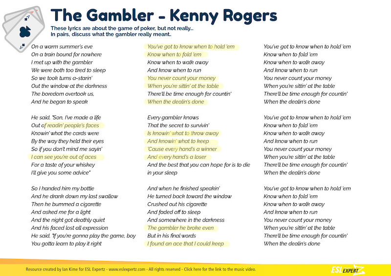 English Gambling Idioms: The Gambler – Kenny Rogers (B2)