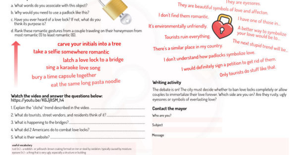 love locks love and romance activities esl