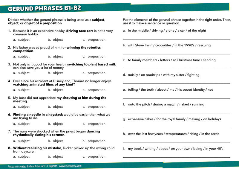 Interactive PDF Gerund Phrases Worksheet ESL Expertz