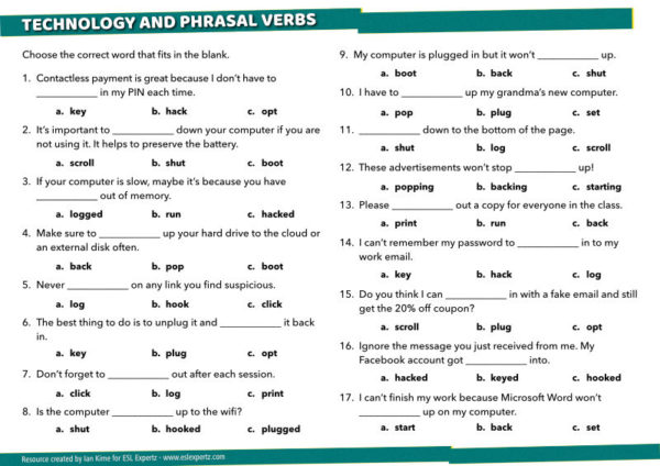 Talk about technology and practice phrasal verbs - Worksheet