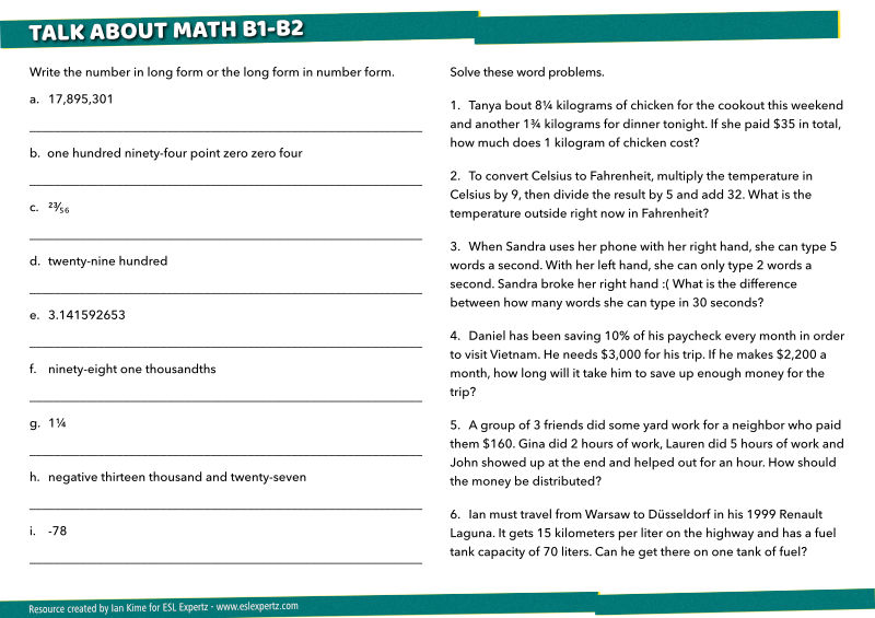 numbers and math vocabulary worksheet esl expertz