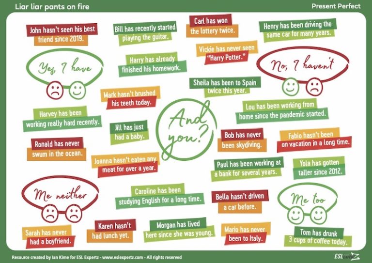 Present Perfect Pair Speaking Game Me neither!