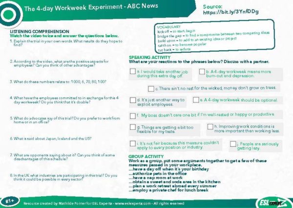 ESL Discussion Worksheet: 4-Day Workweek Experiment