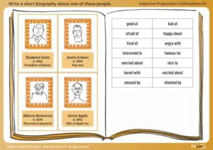 adjective preposition writing exercise biography game